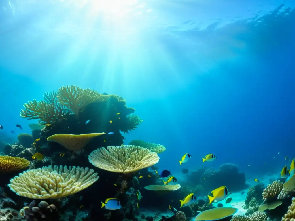 Un arrecife de coral vibrante y lleno de vida marina, evocando la belleza de las inversiones sostenibles en conservación oceánica