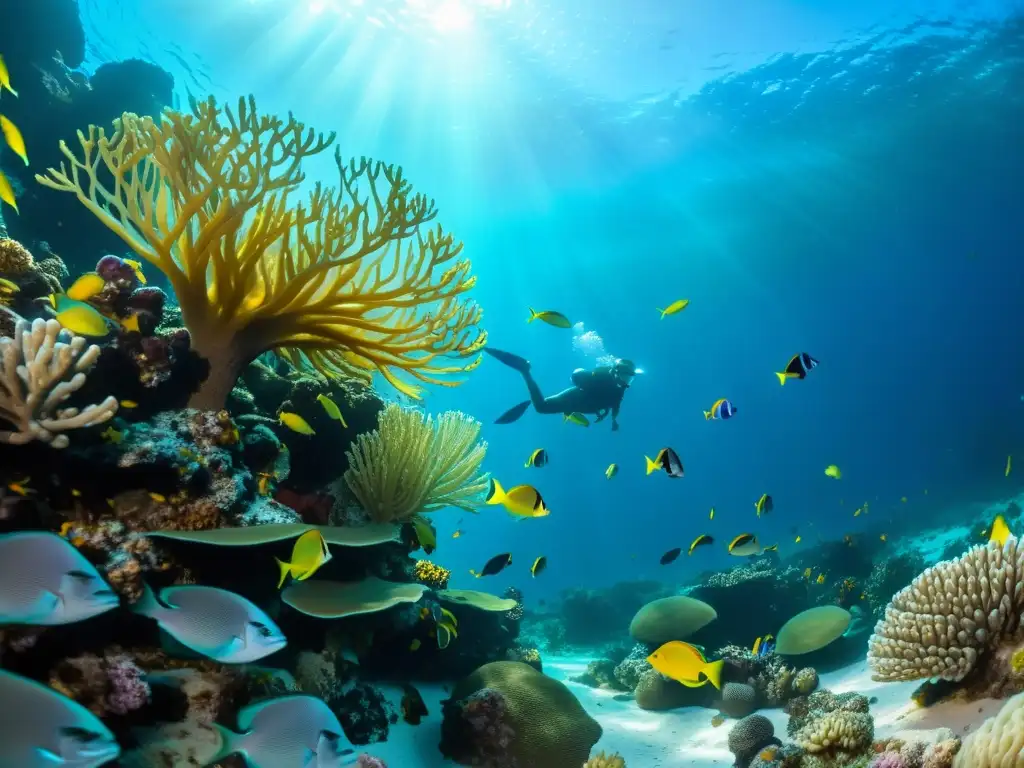 Un arrecife de coral vibrante, lleno de vida marina y coloridos peces, iluminado por el sol