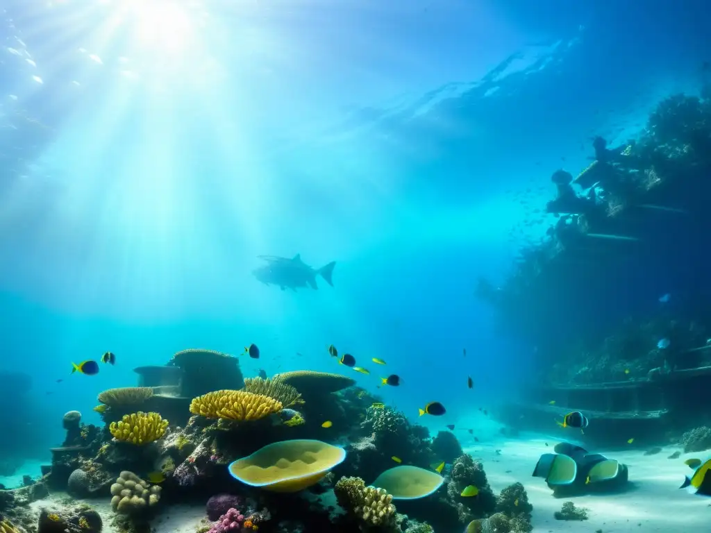 Un arrecife de coral vibrante lleno de vida marina, con peces coloridos nadando alrededor de un barco hundido convertido en arrecife artificial