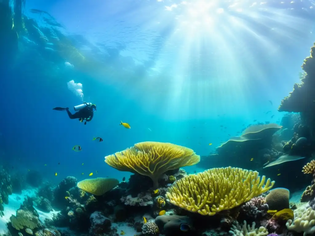 Un arrecife de coral vibrante y lleno de vida marina, con peces coloridos, plantas marinas y formaciones de coral