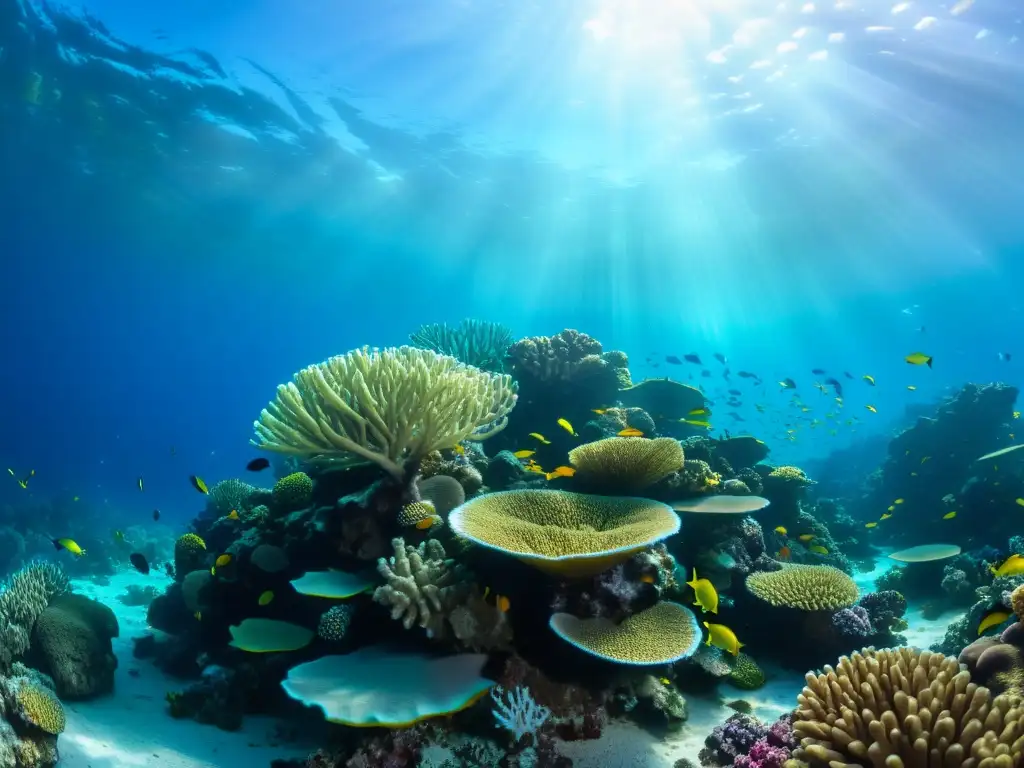 Un arrecife de coral vibrante y lleno de vida marina, con aguas cristalinas y rayos de sol filtrándose