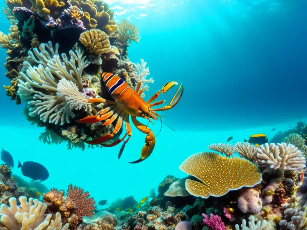 Un arrecife de coral vibrante lleno de cangrejos y langostas marinas, iluminado por el agua turquesa cristalina