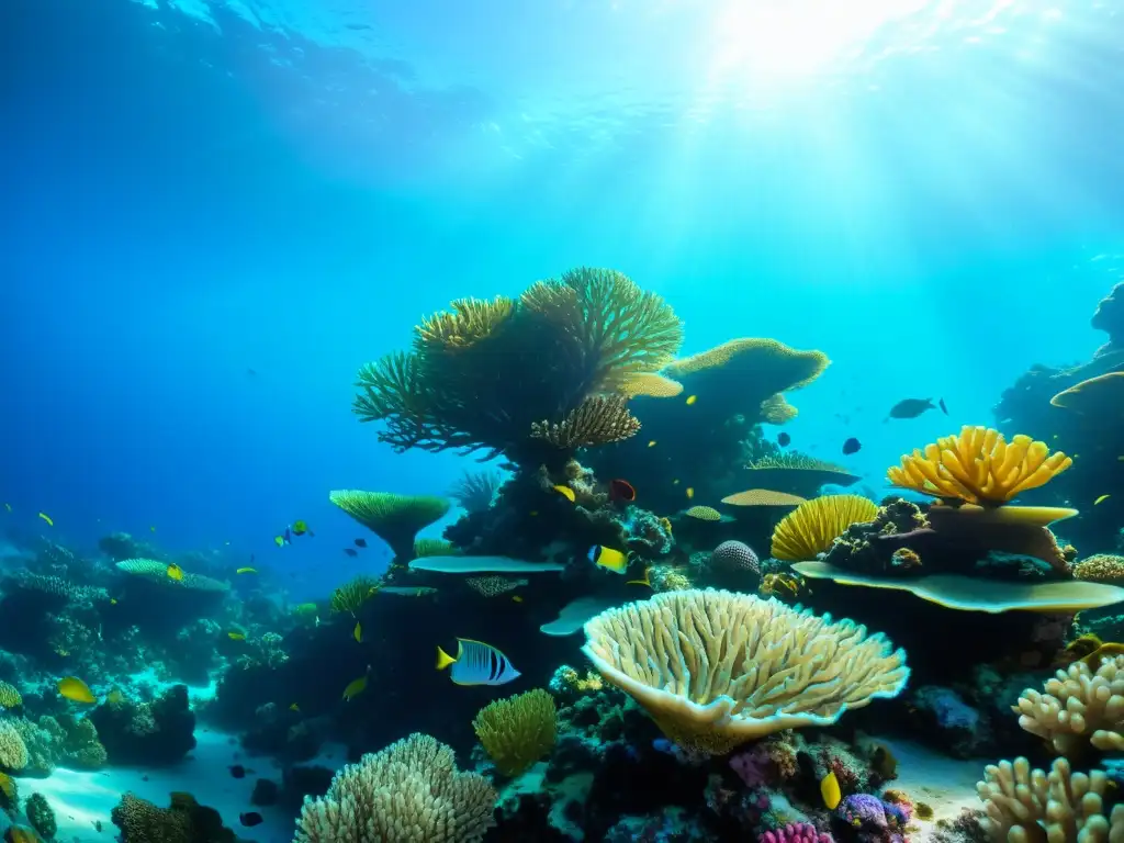 Un arrecife de coral vibrante, lleno de vida marina y hermosos colores bajo el agua