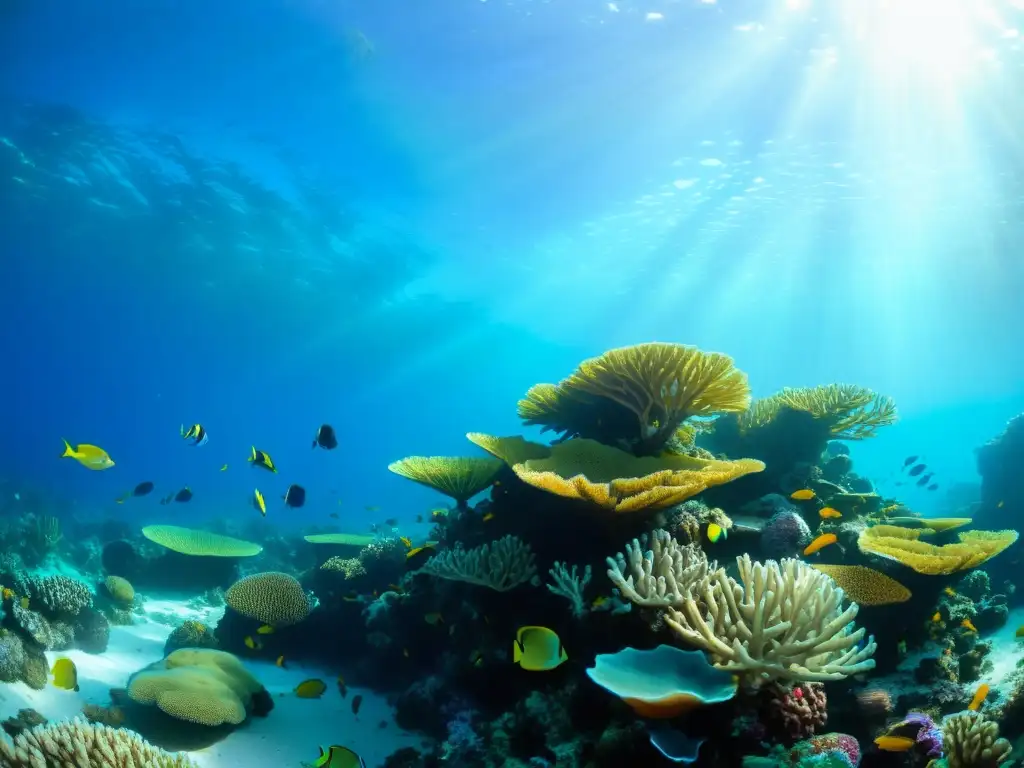 Un arrecife de coral vibrante lleno de vida marina, con peces coloridos, plantas marinas ondeantes y formaciones de coral