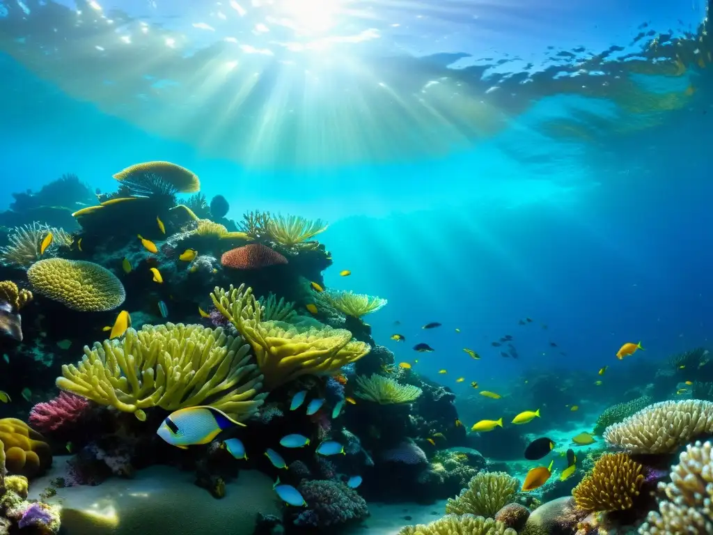 Un arrecife de coral vibrante lleno de vida marina, reflejos de sol y una belleza natural que cautiva