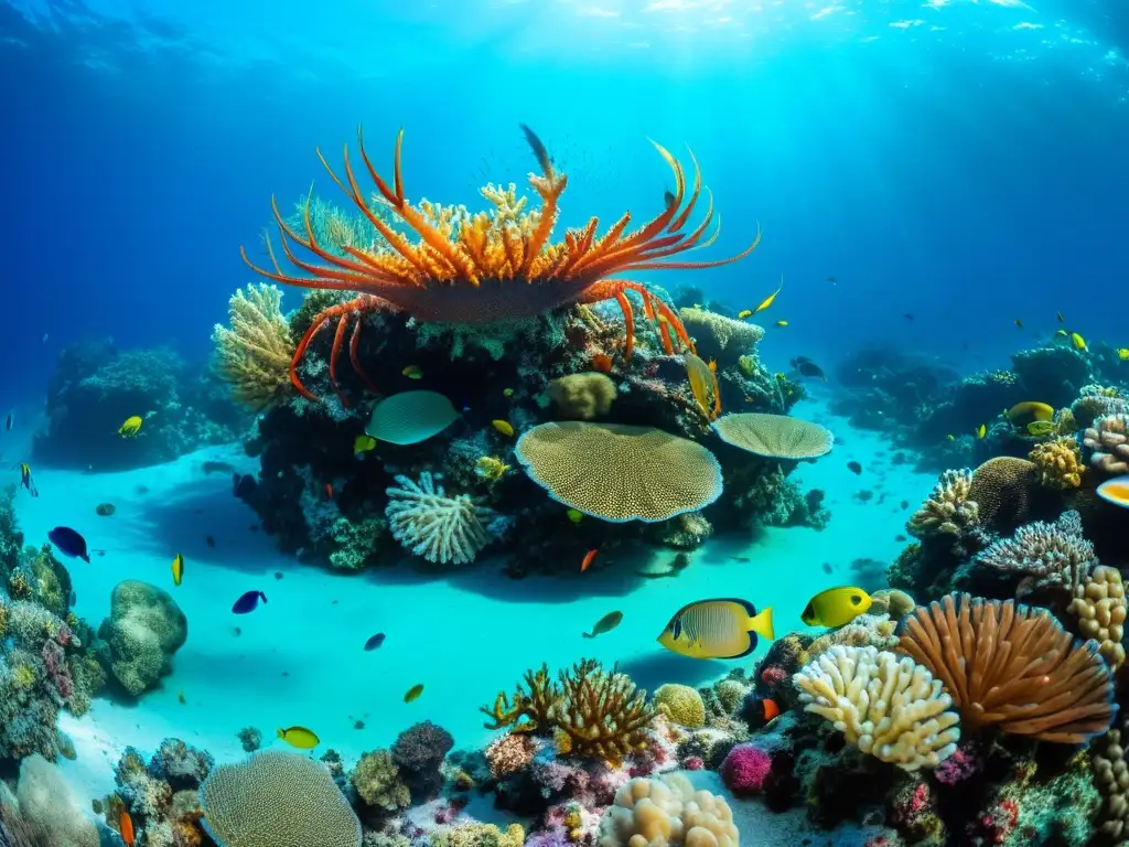 Un arrecife de coral vibrante lleno de vida marina: camarones, cangrejos y langostas, bajo el agua azul