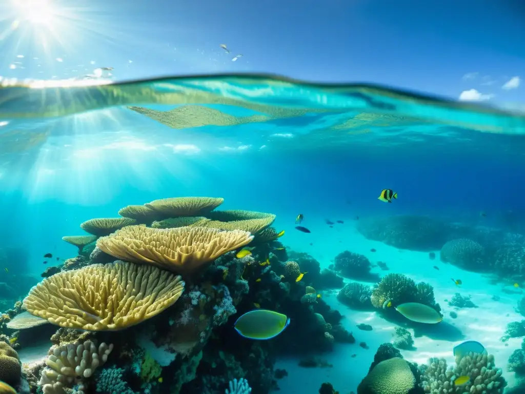 Un arrecife de coral vibrante lleno de vida marina colorida, iluminado por el sol