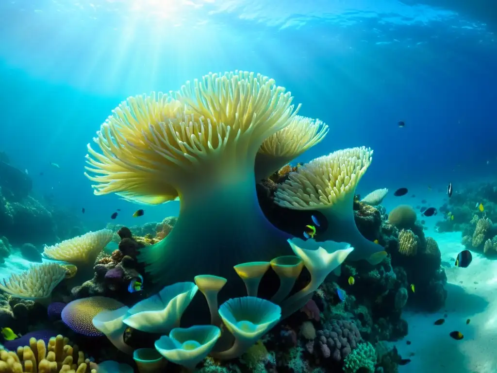 Un arrecife de coral vibrante y lleno de vida bajo el mar, con peces y plantas marinas coloridas