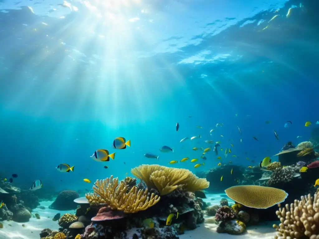 Un arrecife de coral vibrante, lleno de vida marina y plantas marinas, bañado por la luz solar