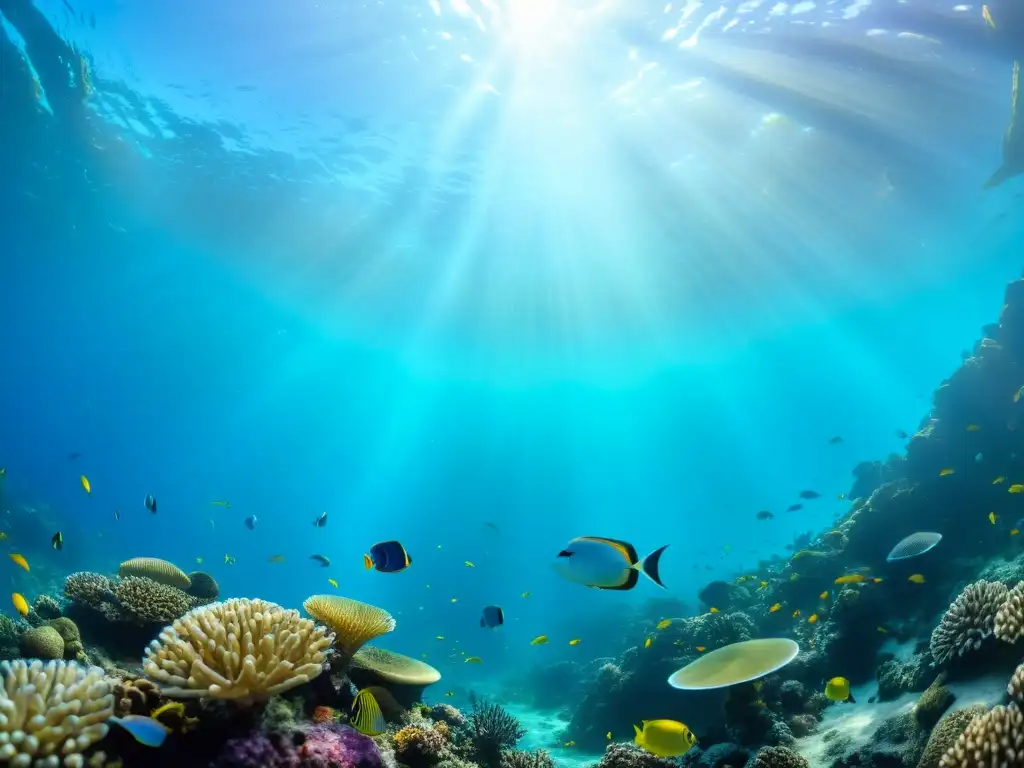 Un arrecife de coral vibrante y lleno de vida, con peces coloridos, anémonas y conchas