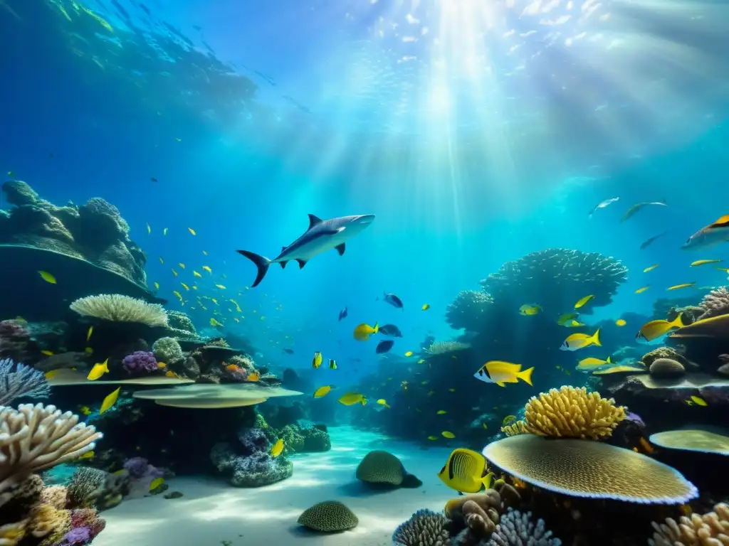 Un arrecife de coral vibrante lleno de peces coloridos y otras especies marinas en una zona de peligro, iluminado por rayos de sol