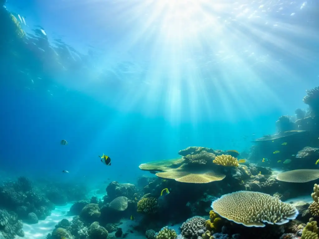 Un arrecife de coral vibrante lleno de vida marina, con peces brillantes, formaciones de coral e una tortuga marina