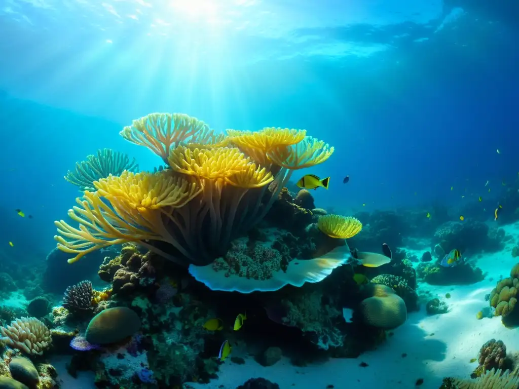 Un arrecife de coral vibrante, lleno de vida marina y peces iridiscentes