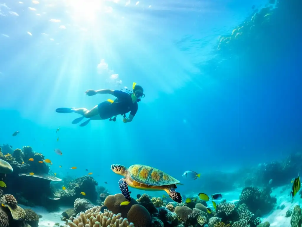 Un arrecife de coral vibrante lleno de vida marina, con especies diversas y coloridas formaciones de coral