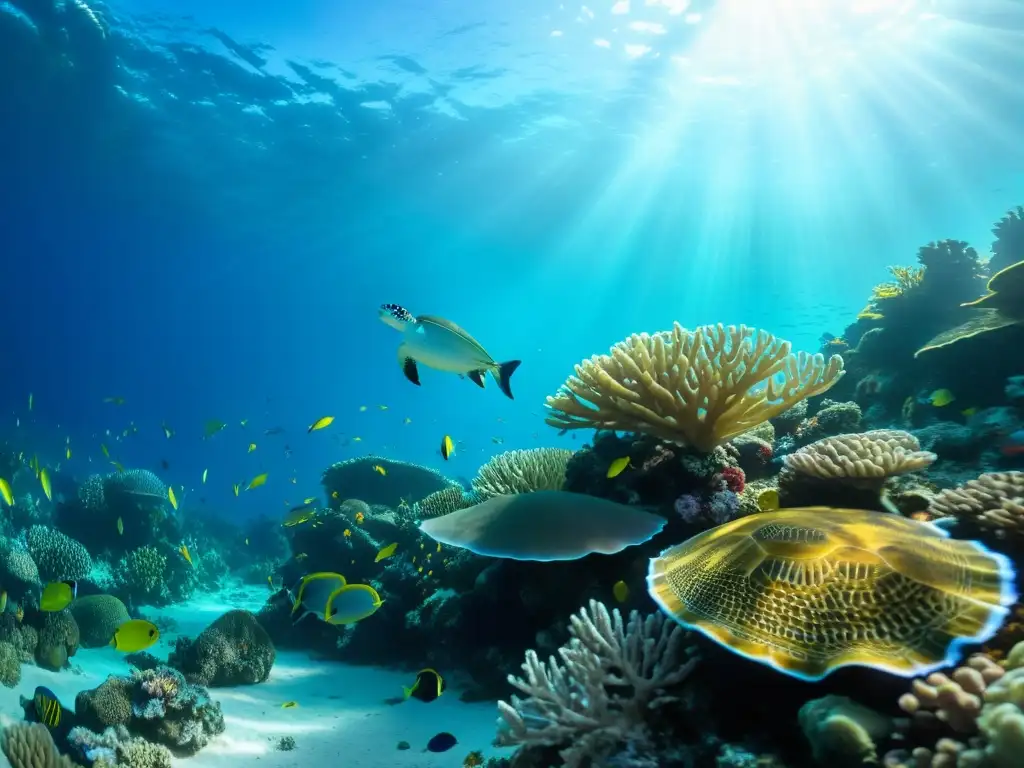 Arrecife de coral vibrante: Biodiversidad en 8k Un arrecife de coral vibrante y lleno de vida marina, bañado por la luz del sol