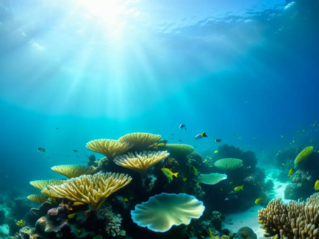 Un arrecife de coral vibrante y lleno de vida bajo el agua, con beneficios del aceite marino para la piel