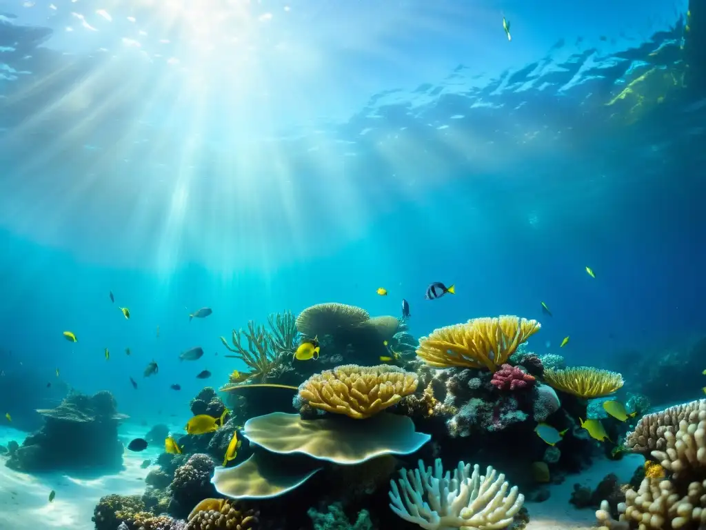 Un arrecife de coral vibrante y lleno de vida, con peces coloridos y plantas marinas ondeando bajo el agua cristalina