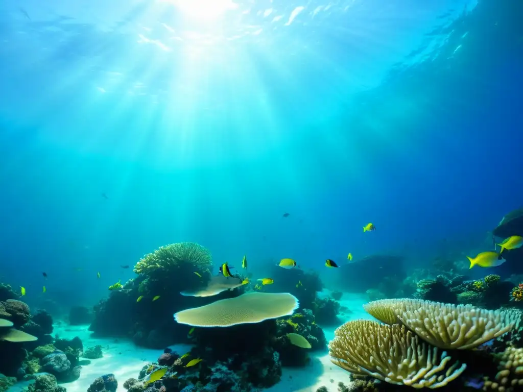 Un arrecife de coral vibrante lleno de vida marina, incluyendo peces coloridos, formaciones de coral e impresionantes plantas submarinas