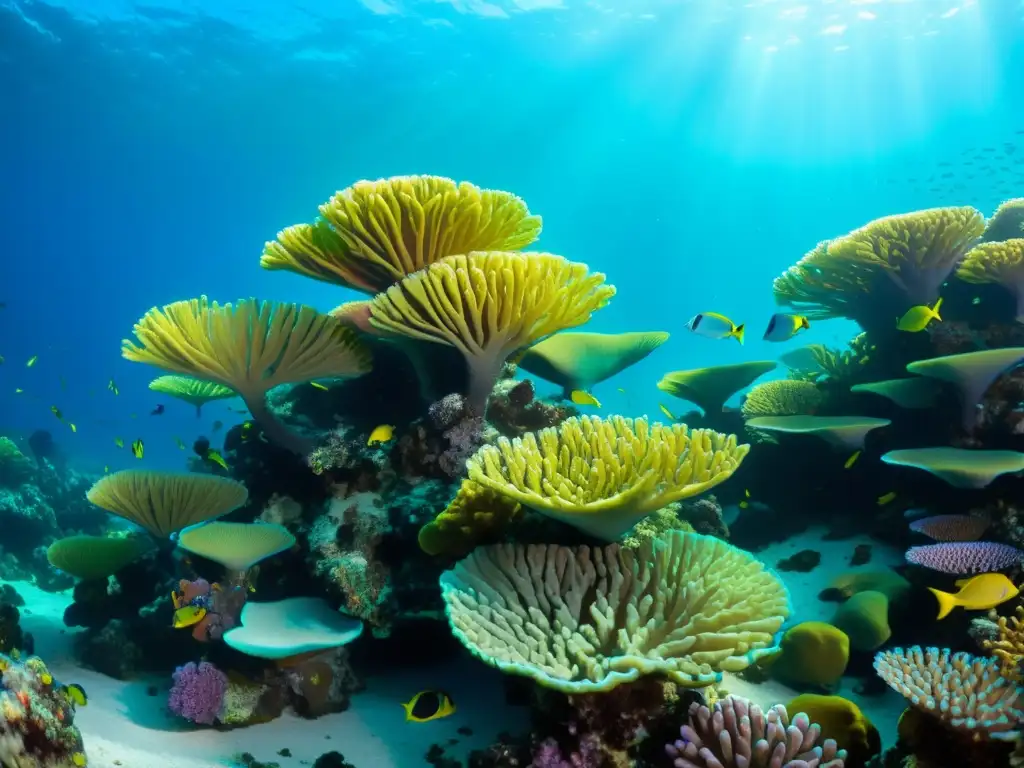 Un arrecife de coral vibrante lleno de vida marina, con peces coloridos y plantas marinas