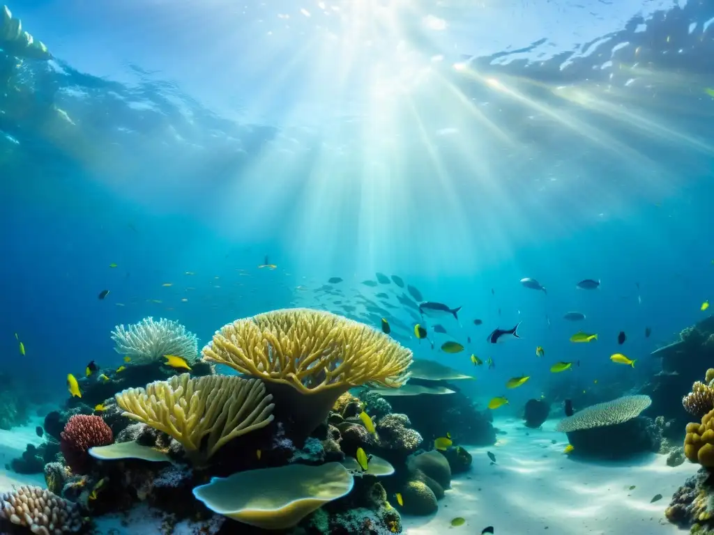 Un arrecife de coral vibrante y lleno de vida bajo el agua, con peces coloridos, plantas marinas y formaciones de coral