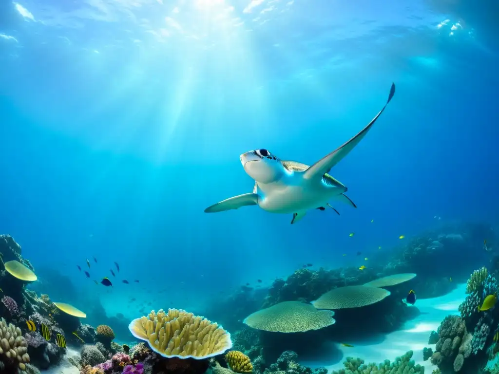 Un arrecife de coral vibrante y lleno de vida bajo el agua, con detalles impresionantes y una atmósfera etérea