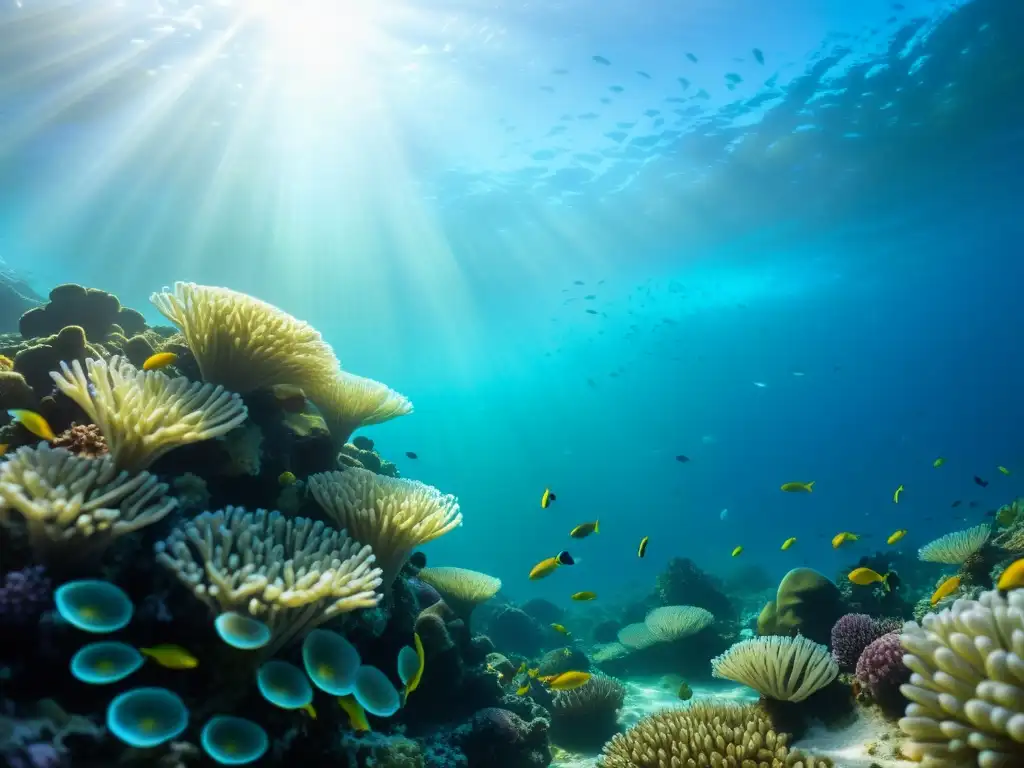 Un arrecife de coral vibrante y lleno de vida, con peces coloridos y anémonas de mar