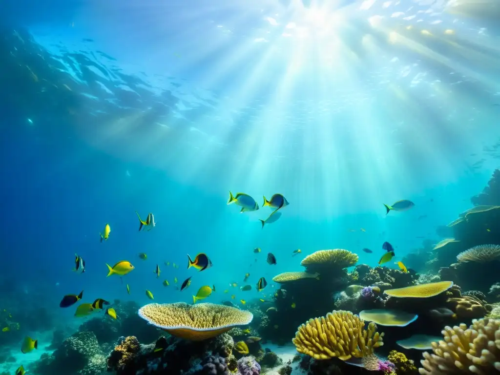 Un arrecife de coral vibrante y lleno de vida, con peces coloridos nadando en aguas cristalinas bajo la cálida luz del sol