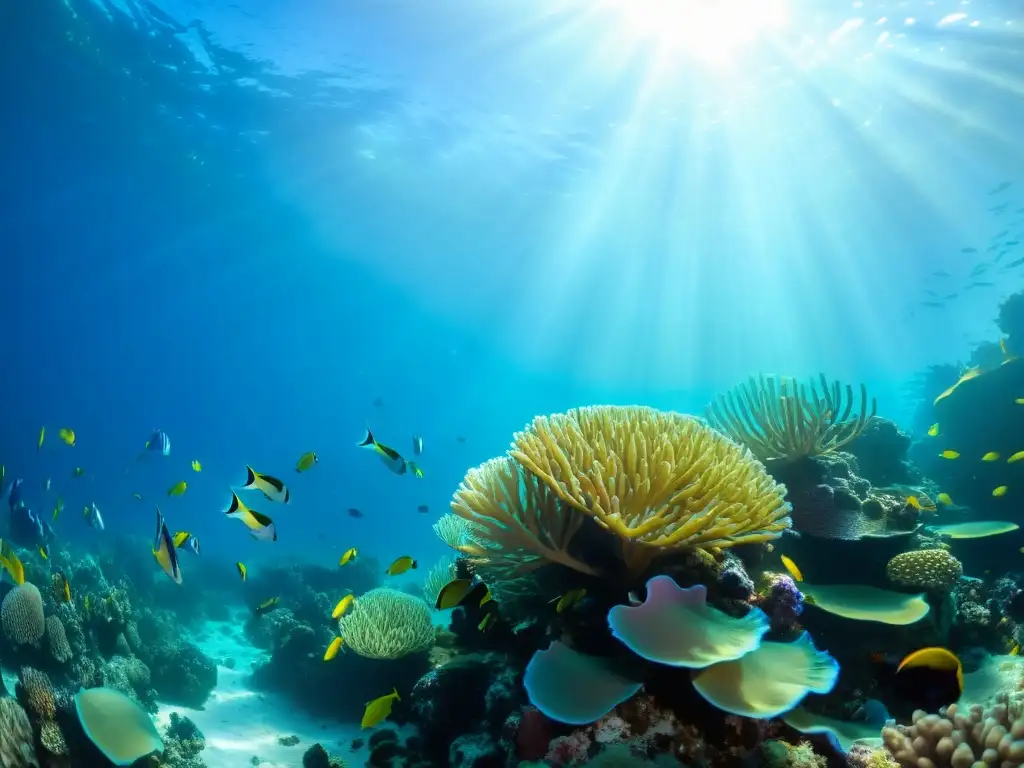 Un arrecife de coral vibrante, lleno de vida marina colorida, plantas marinas y anémonas