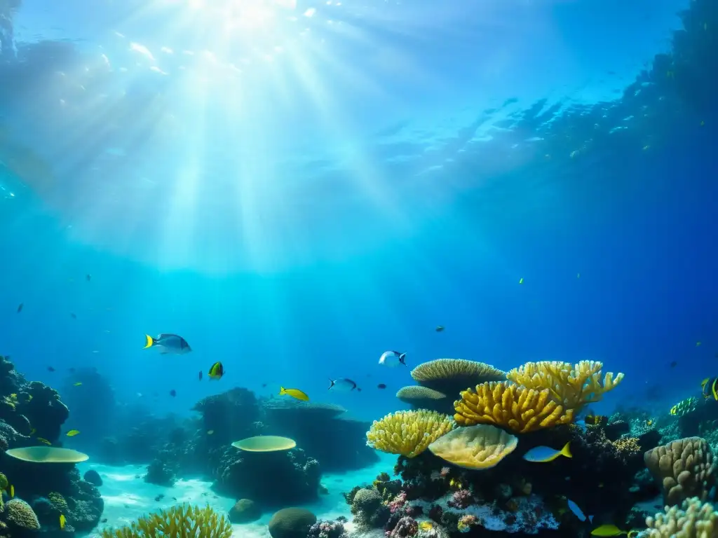 Un arrecife de coral vibrante y lleno de vida, con peces coloridos y plantas marinas, bajo la esencia marina capturada en la imagen