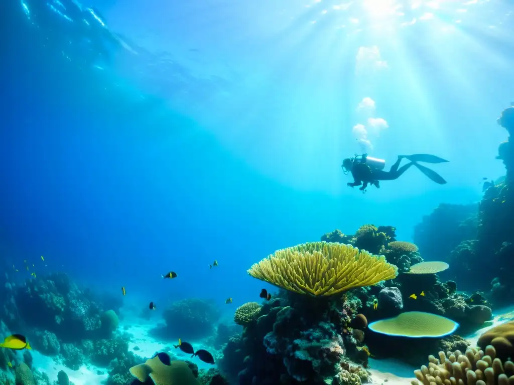 Un arrecife de coral vibrante lleno de vida marina y buceadores explorando, iluminado por la luz del sol