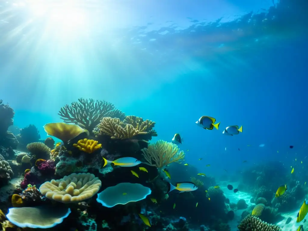 Un arrecife de coral vibrante lleno de peces coloridos, evocando la belleza y diversidad de la vida marina