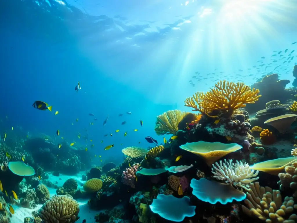 Un arrecife de coral vibrante y lleno de vida marina, bajo el agua