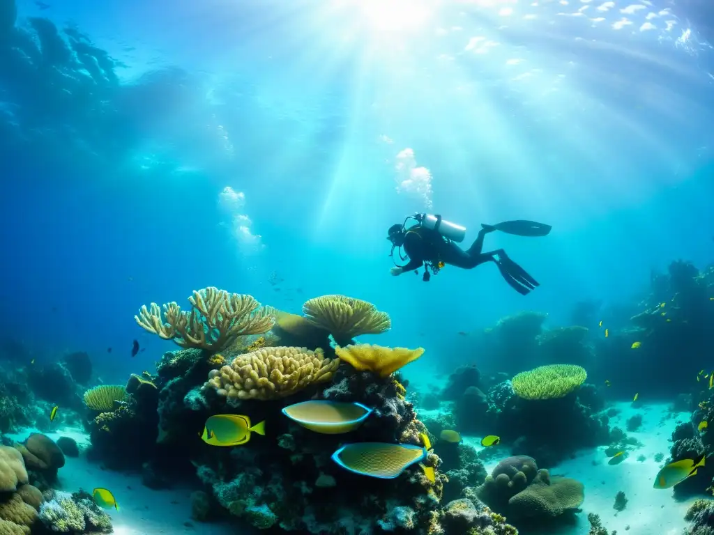 Un arrecife de coral vibrante, lleno de vida marina, con buceadores científicos en acción