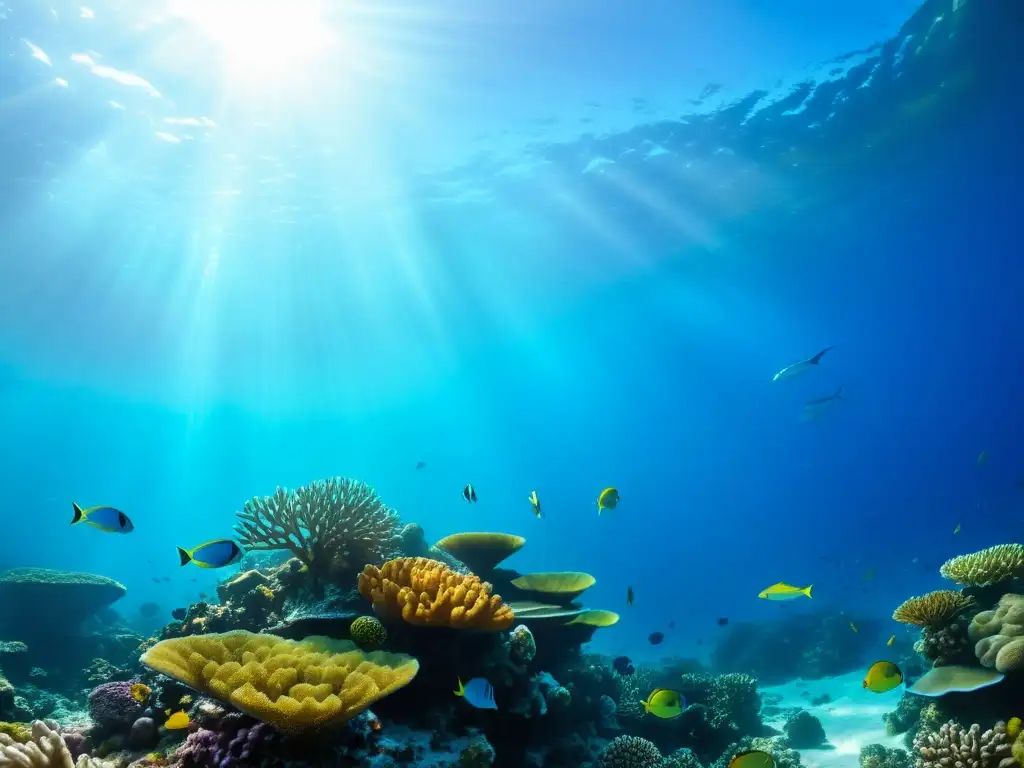 Un arrecife de coral vibrante lleno de vida marina, iluminado por el sol