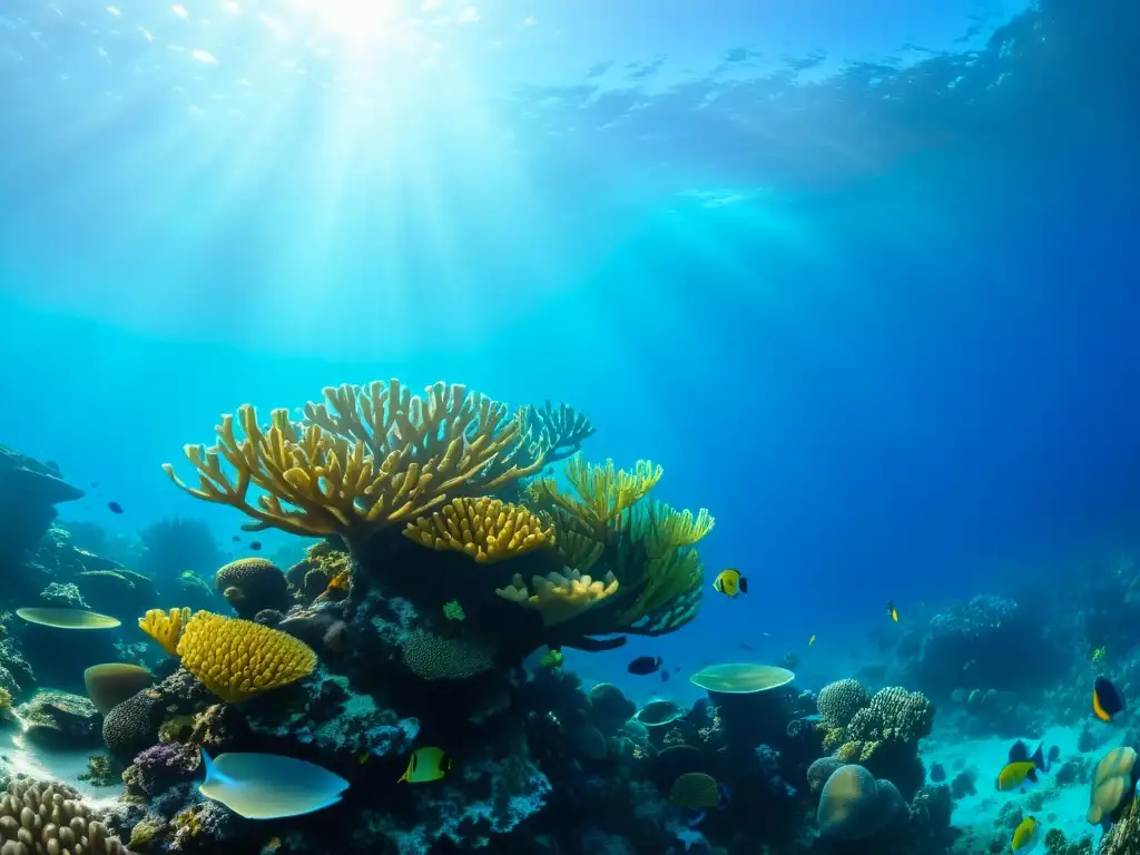 Un arrecife de coral vibrante, lleno de vida marina, iluminado por la luz solar