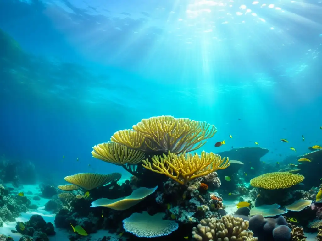 Un arrecife de coral vibrante y lleno de vida marina, con una vista increíble bajo el agua