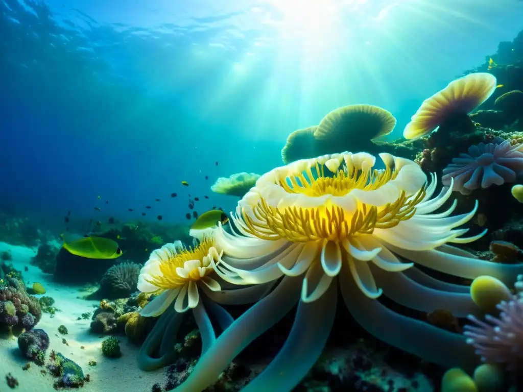 Un arrecife de coral vibrante lleno de anémonas marinas coloridas y diversa vida marina, bajo la luz del sol