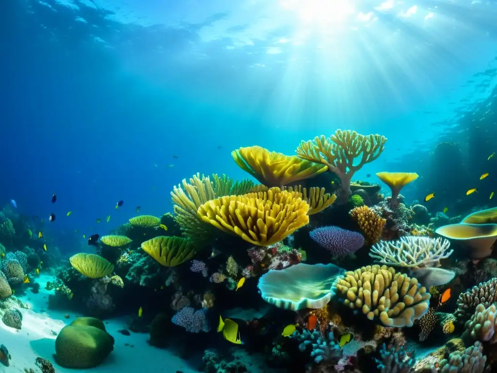 Un arrecife de coral vibrante, lleno de vida marina y plantas marinas, con una luz solar filtrada