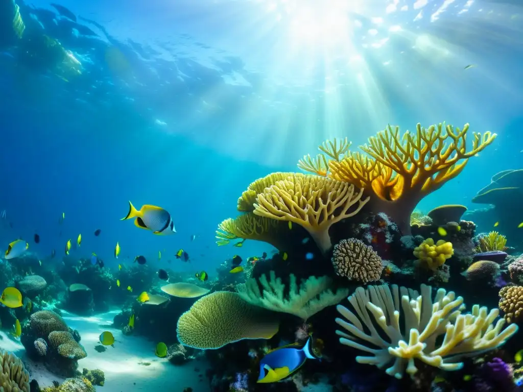 Un arrecife de coral vibrante y lleno de vida bajo el agua, con peces coloridos nadando entre las estructuras