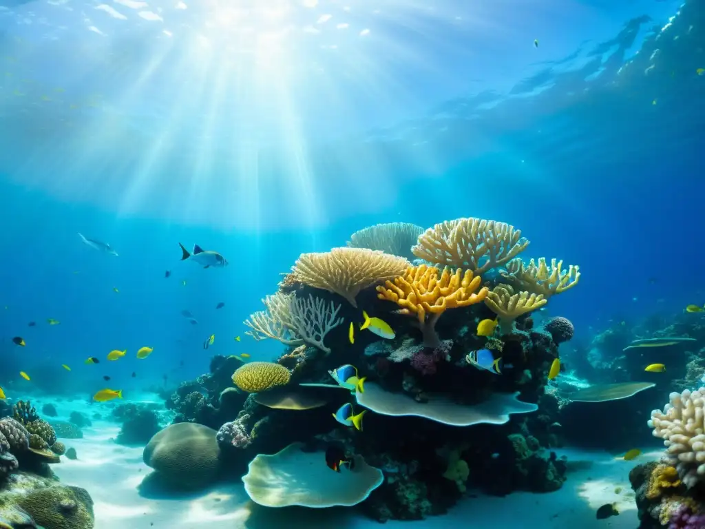 Un arrecife de coral vibrante y lleno de vida, impactado por la contaminación plástica en los océanos