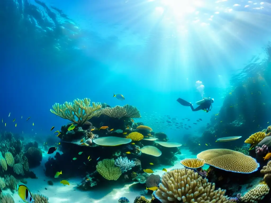 Un arrecife de coral vibrante y lleno de vida bajo el agua, iluminado por el sol