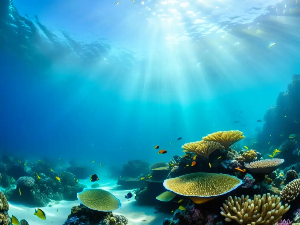 Un arrecife de coral vibrante, lleno de vida marina colorida y plantas marinas ondeantes bajo el agua cristalina