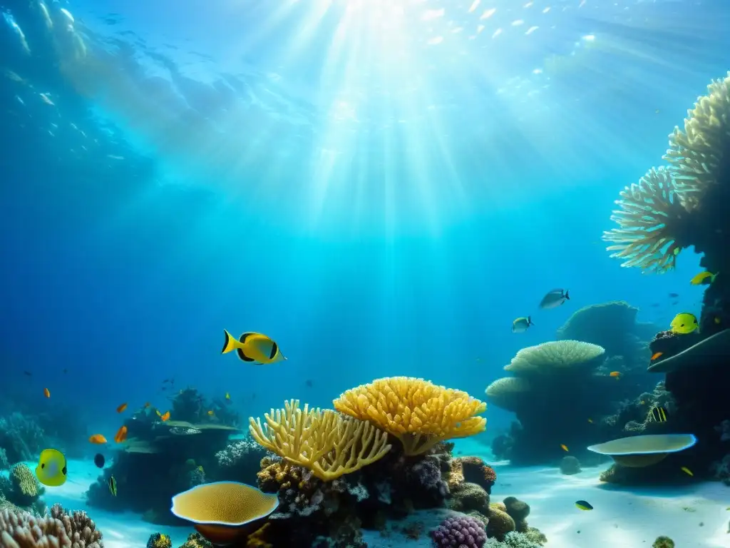 Un arrecife de coral vibrante lleno de vida marina, peces coloridos y plantas marinas, bajo el agua azul