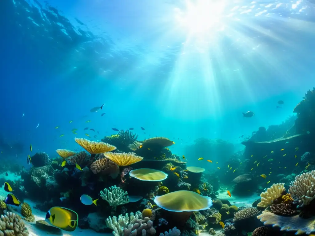 Un arrecife de coral vibrante y lleno de vida, con peces coloridos, tortugas marinas y anémonas