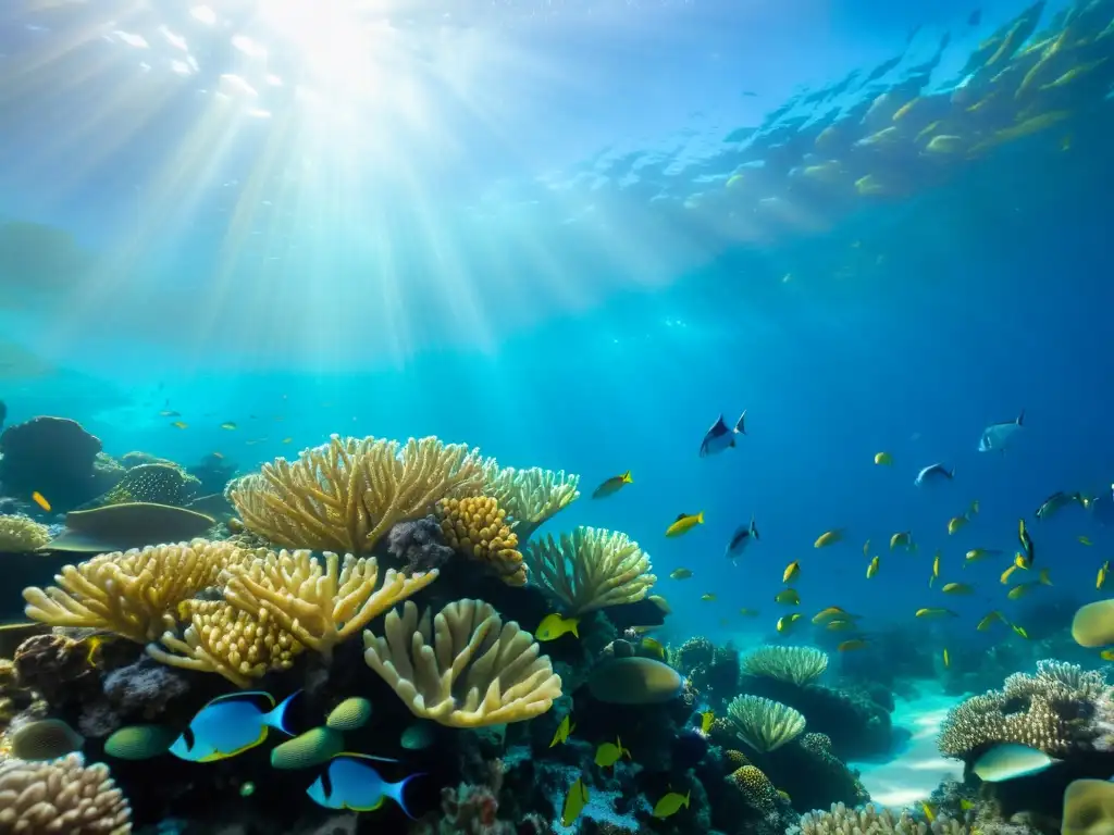 Un arrecife de coral vibrante lleno de peces tropicales en aguas cristalinas