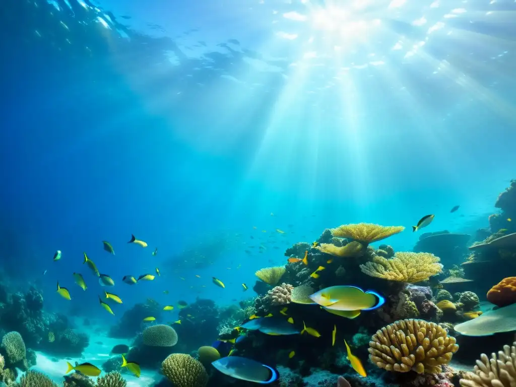 Refulgente arrecife de coral: vida marina vibrante Un arrecife de coral vibrante lleno de vida marina colorida, iluminado por el sol
