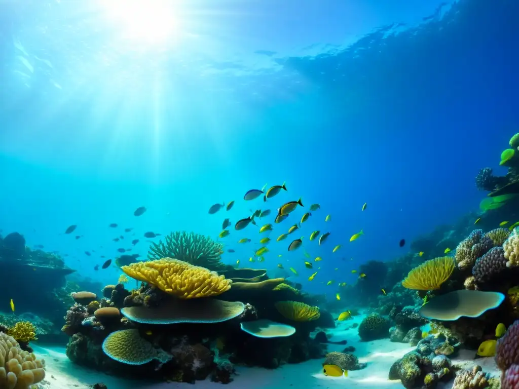 Un arrecife de coral vibrante, lleno de vida marina colorida, con la luz del sol creando patrones hipnóticos en el fondo marino