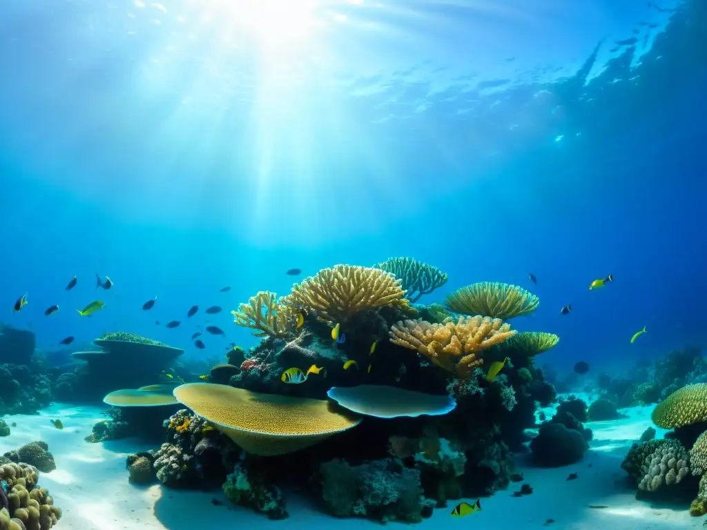 Un arrecife de coral vibrante y lleno de vida, con peces coloridos y formaciones de coral