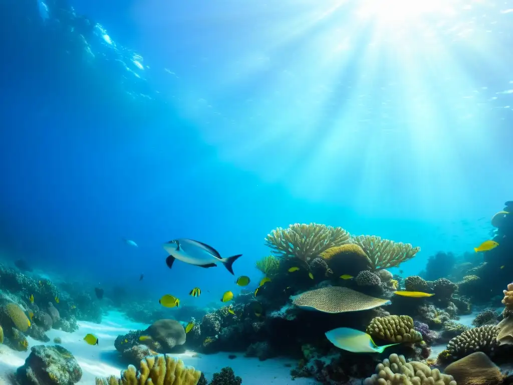 Un arrecife de coral vibrante y lleno de vida bajo el agua, iluminado por el sol