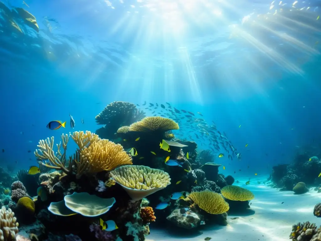 Un arrecife de coral vibrante, lleno de peces coloridos y plantas marinas, bajo la luz del sol